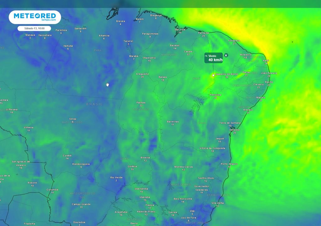 Previsão de velocidade média do vento durante o sábado de manhã.