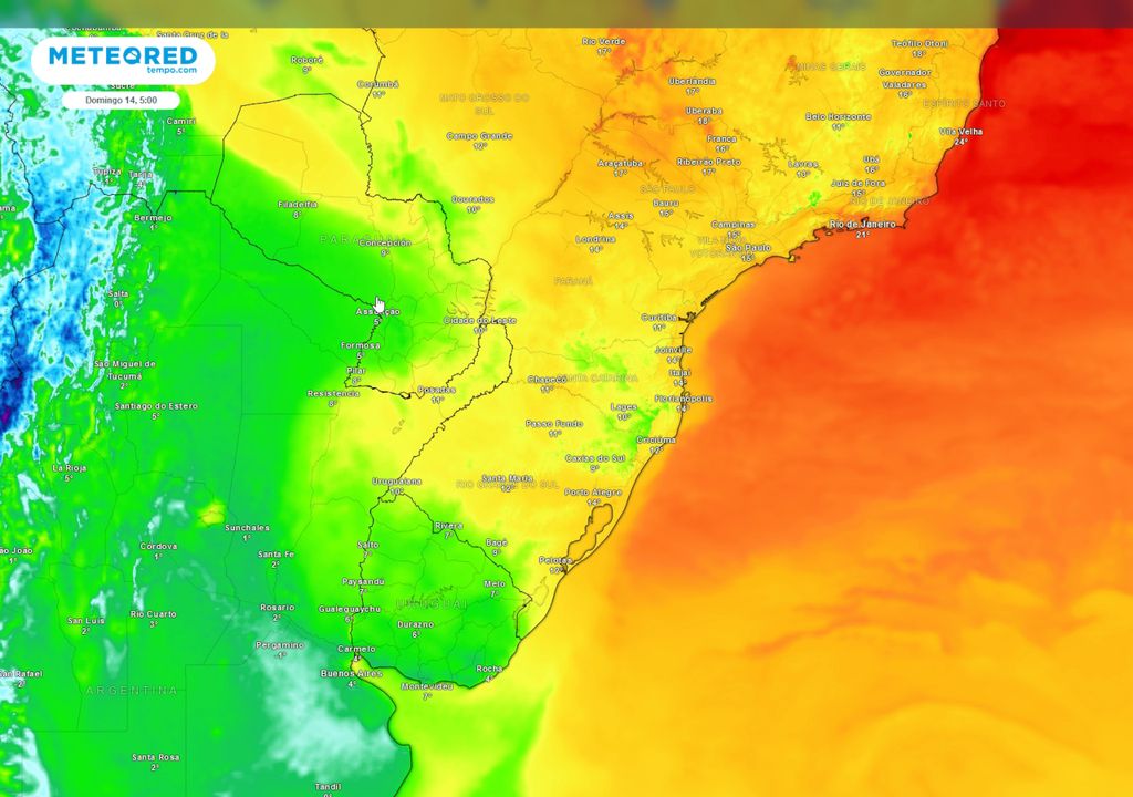 Temperaturas mínimas previstas para o domingo na região Sul.