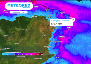 É assim que vai chover no Nordeste nos próximos 5 dias: chuva concentrada no litoral e modelo prevendo mais 170mm