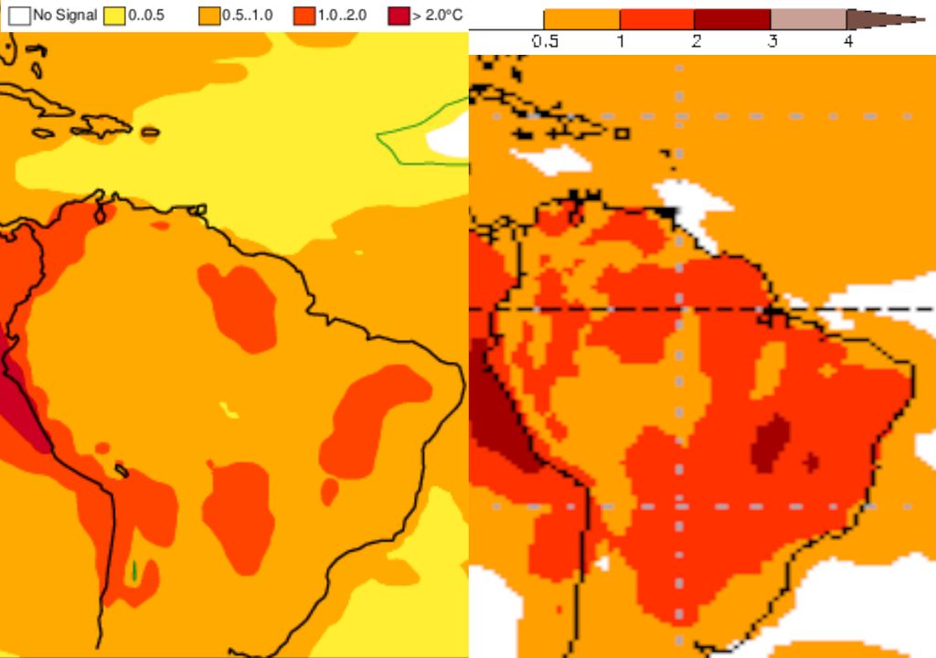 Anomalias de temperatura previstas para o trimestre Julho-Agosto-Setembro pelo modelo europeu ECMWF (esquerda) e pelo americano CFSv2 (direita) indicam anomalias quentes.