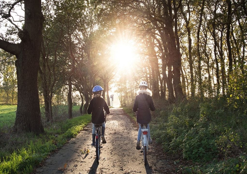 Duas crianças pedalam num parque ao entardecer Duas crianças pedalam num parque ao entardecer