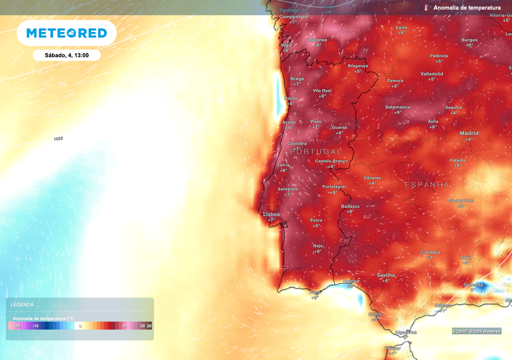 A anomalia térmica evidência um aquecimento acima do esperado para a época, com desvios positivos mais marcados no interior. A atuação do anticiclone e o transporte de ar mais quente de leste intensificam este cenário, reforçando máximas superiores ao habitual e um padrão térmico dominado por estabilidade e forte insolação.