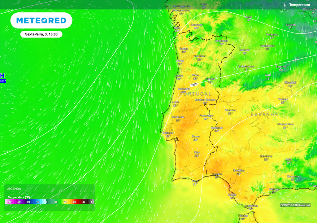 Durante a tarde, as temperaturas deverão subir de forma mais acentuada no interior do território. As cores mais quentes evidenciam esse aquecimento, favorecido por céu pouco nublado e elevada insolação. No litoral, a influência do oceano contribui para valores mais contidos.