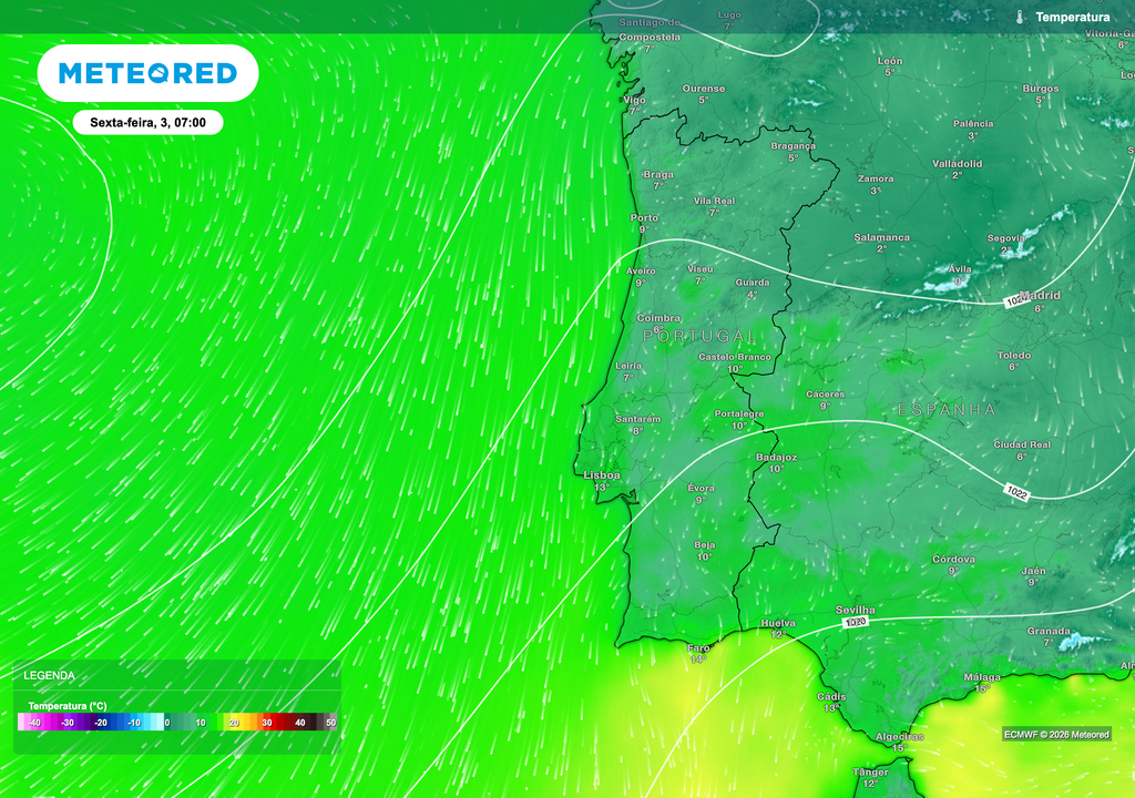 Nas primeiras horas da manhã, prevêem-se temperaturas mais baixas, com maior destaque no interior Norte e Centro. Os tons mais frios do mapa refletem o arrefecimento noturno associado a noites estáveis e com céu pouco nublado. Este início de dia mais fresco contrasta com o aquecimento esperado nas horas seguintes.