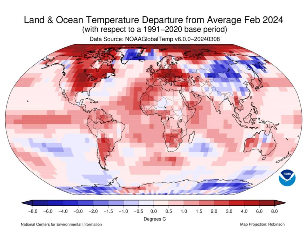 Land and sea surface temperature anomalies in degrees Celsius
