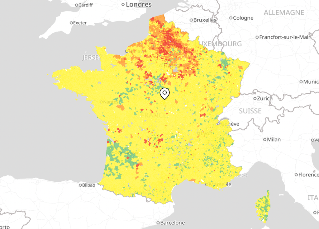 La carte présente des disparités en fonction des régions, le nord étant particulièrement touché. Générations futures / Data for good