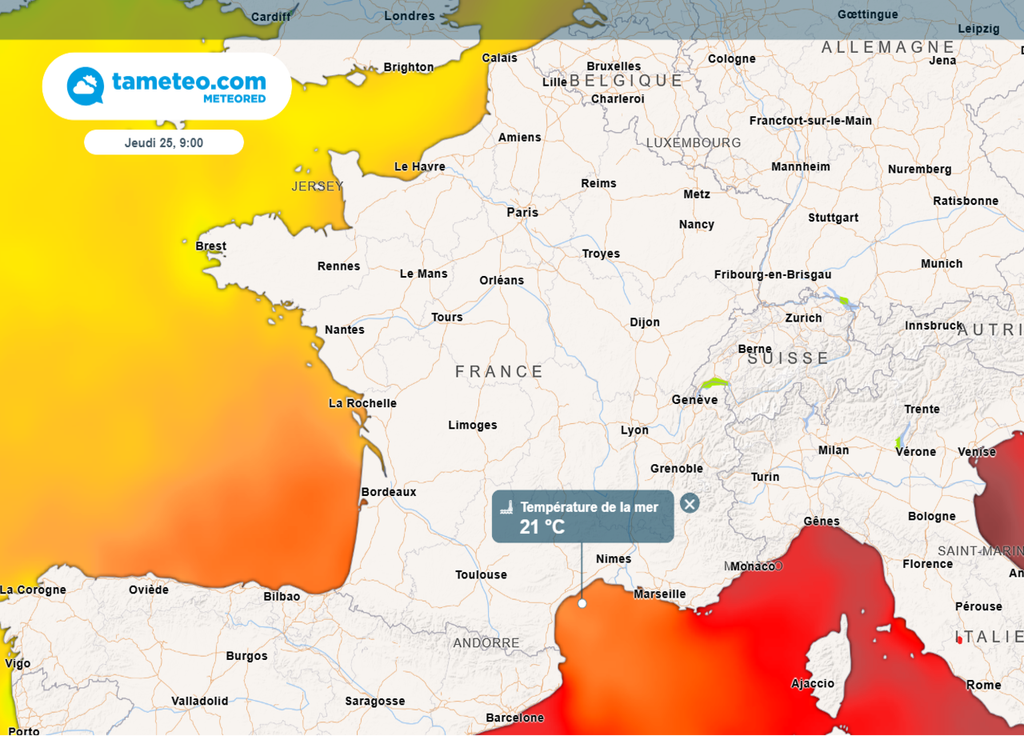 Carte température mer jeudi 25 juillet