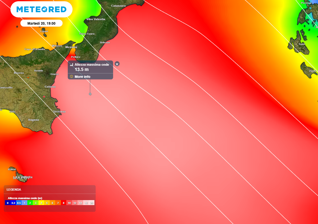 In mare aperto le massime altezze delle onde potranno raggiungere i 10-12 metri, specialmente durante la fase clou della tempesta. Si tratta di ondate gigantesche capaci di produrre severi danni lungo i lungomari.