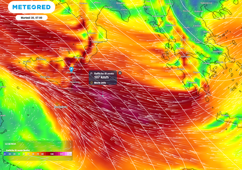 I venti molto forti, oltre i 100 km/h, sposteranno le nubi e le precipitazioni molto rapidamente verso le aree più interne, dove sono attese precipitazioni particolarmente abbondanti.