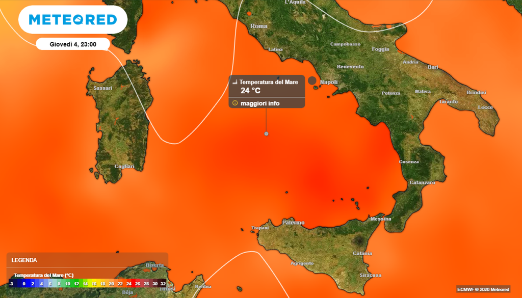 Il Tirreno ha appena raggiunto valori di oltre +24°C, eppure siamo solo a inizio giugno.