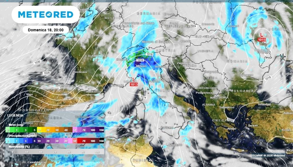 Domenica: pressione in deciso calo sul Mar Ligure, dove si potrebbe scavare un minimo depressionario capace di produrre piogge e temporali diffusi. ECMWF-MeteoRed