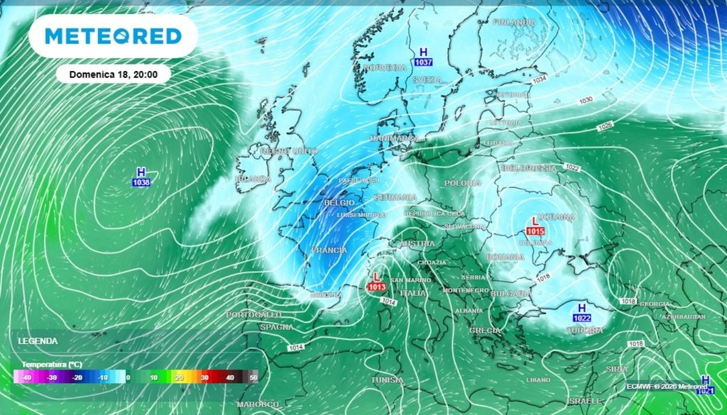 In questa mappa a 700 hPa, riferita a domenica prossima, è possibile vedere l'arrivo dell'aria fredda da nord, capace di produrre il peggioramento a partire dal Nord-Ovest e dall'aria tirrenica. ECMWF-MeteoRed
