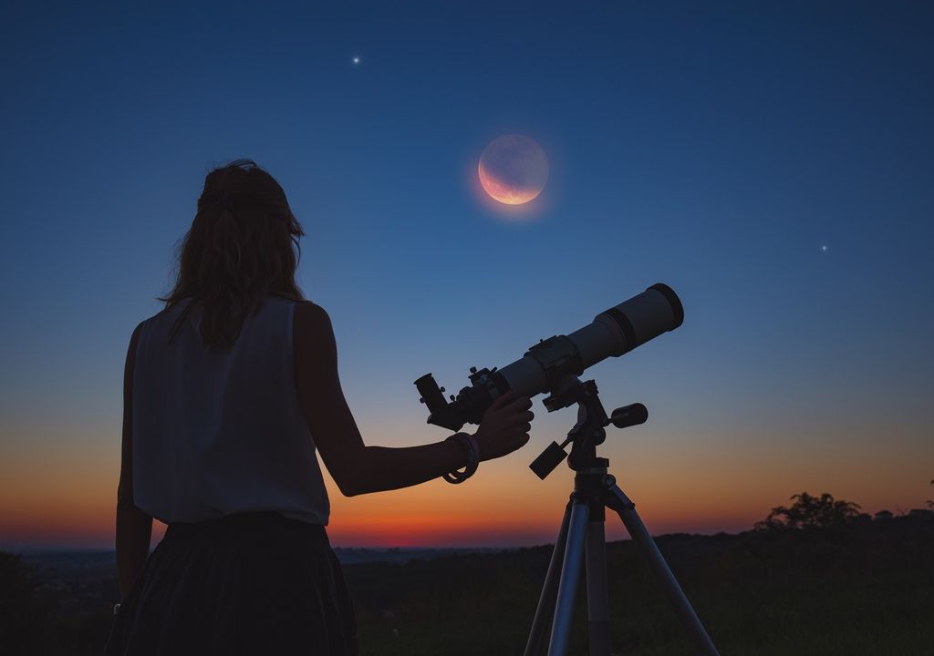 Eclipse lunar; telescopio; persona