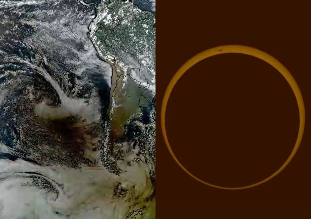 sombra del eclipse anular desde el espacio y anillo de fuego