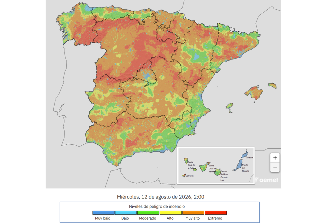 El riesgo de incendios será muy elevado, e incluso extremo, en buena parte del país. En Canarias, será más bajo pero también existirá en diferentes puntos de las islas más occidentales.