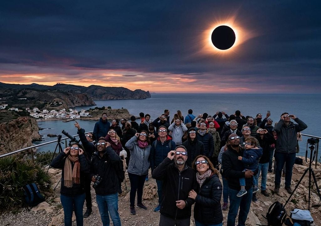 El eclipse solar muestra cómo la Luna oculta al Sol gracias a una coincidencia única de tamaño aparente. España vivirá varios eclipses seguidos tras décadas sin fenómenos visibles en la Península. Imagen: simulación con IA.