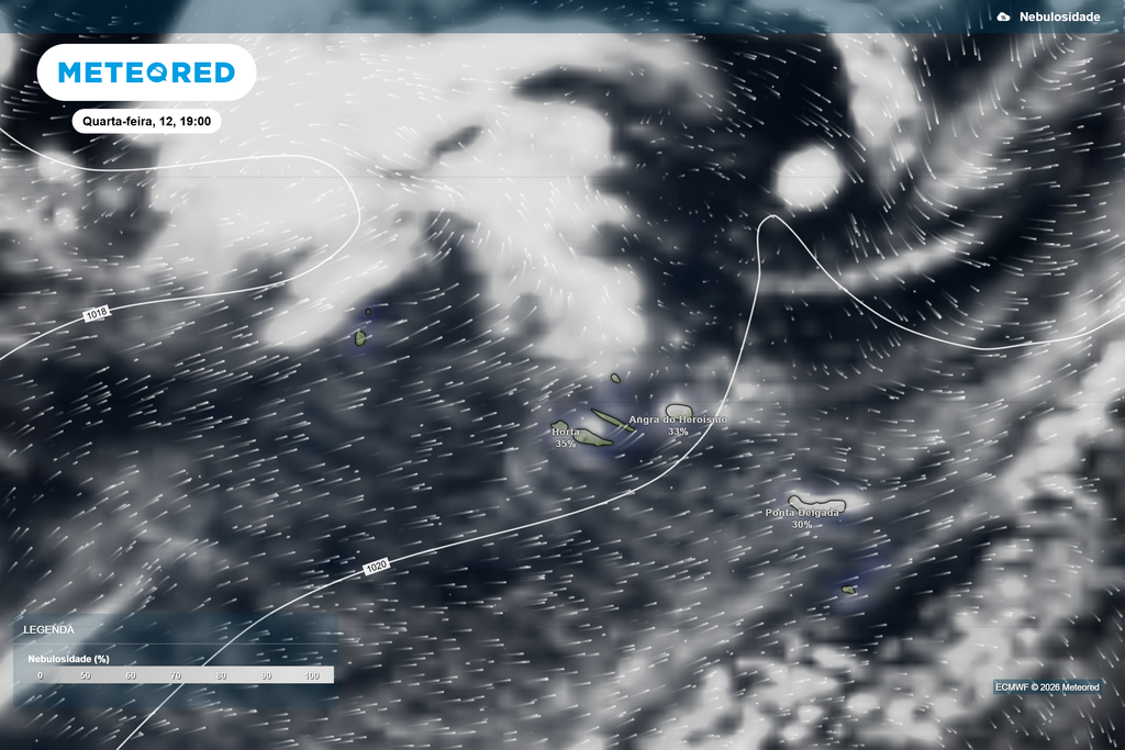 Próximo do momento máximo do eclipse, o modelo ECMWF sugere boas abertas em várias ilhas, embora a nebulosidade possa ser mais significativa em alguns setores, particularmente em São Miguel.