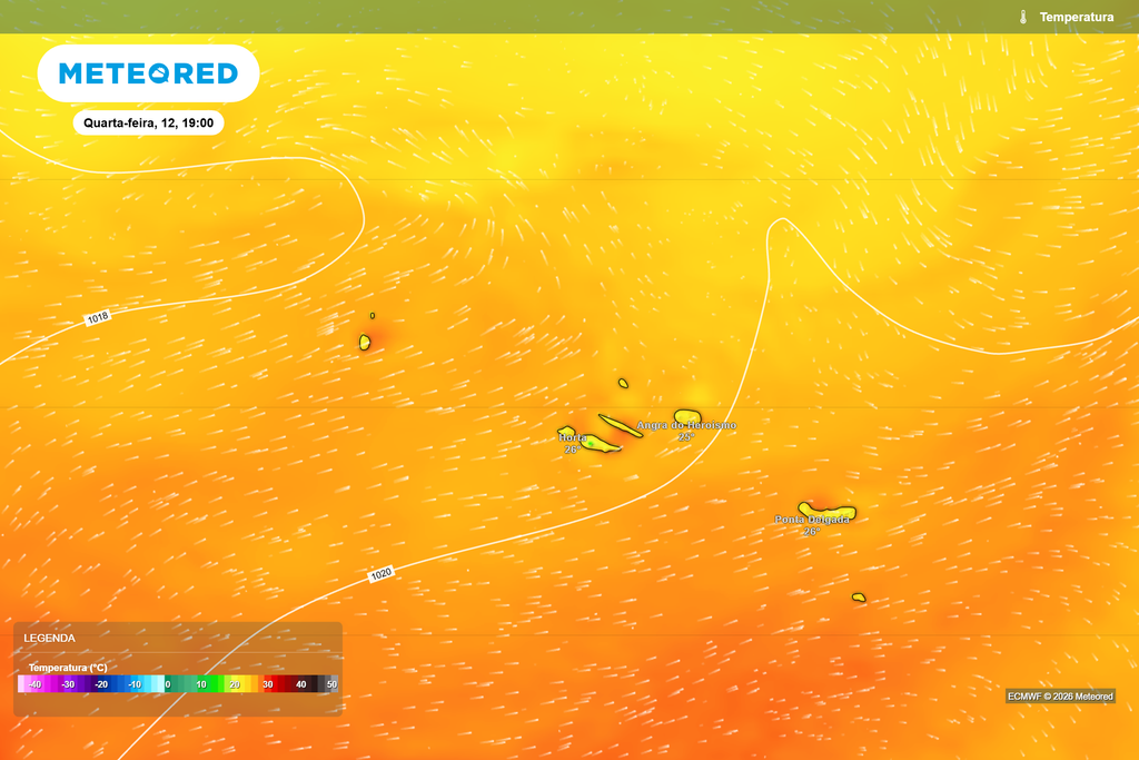 As temperaturas deverão manter-se amenas a elevadas durante o eclipse, com valores geralmente entre os 23 e os 28 ºC nas localidades representadas pelo modelo ECMWF.