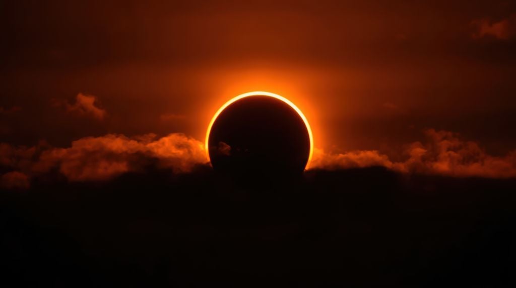 Ricostruzione con IA di una eclissi al tramonto.