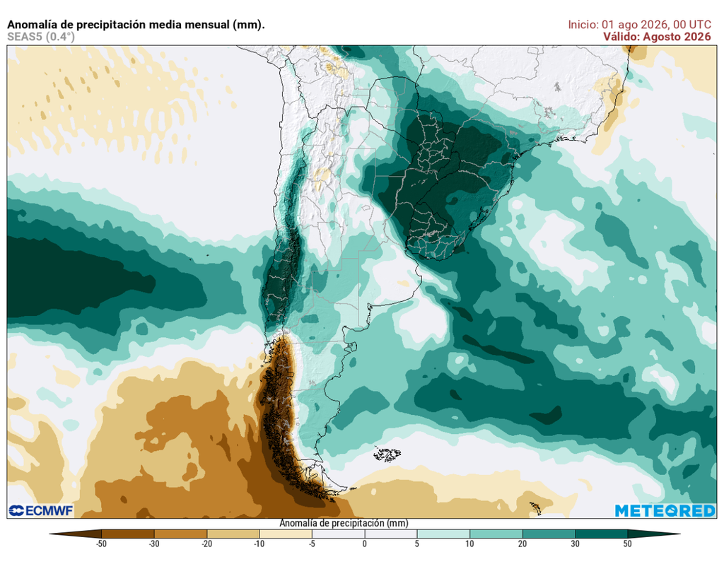 El ECMWF proyecta para agosto precipitaciones sobre lo normal desde el norte chico hacia el centro-sur, mientras la Patagonia mantendría una señal más seca, especialmente en el extremo austral.