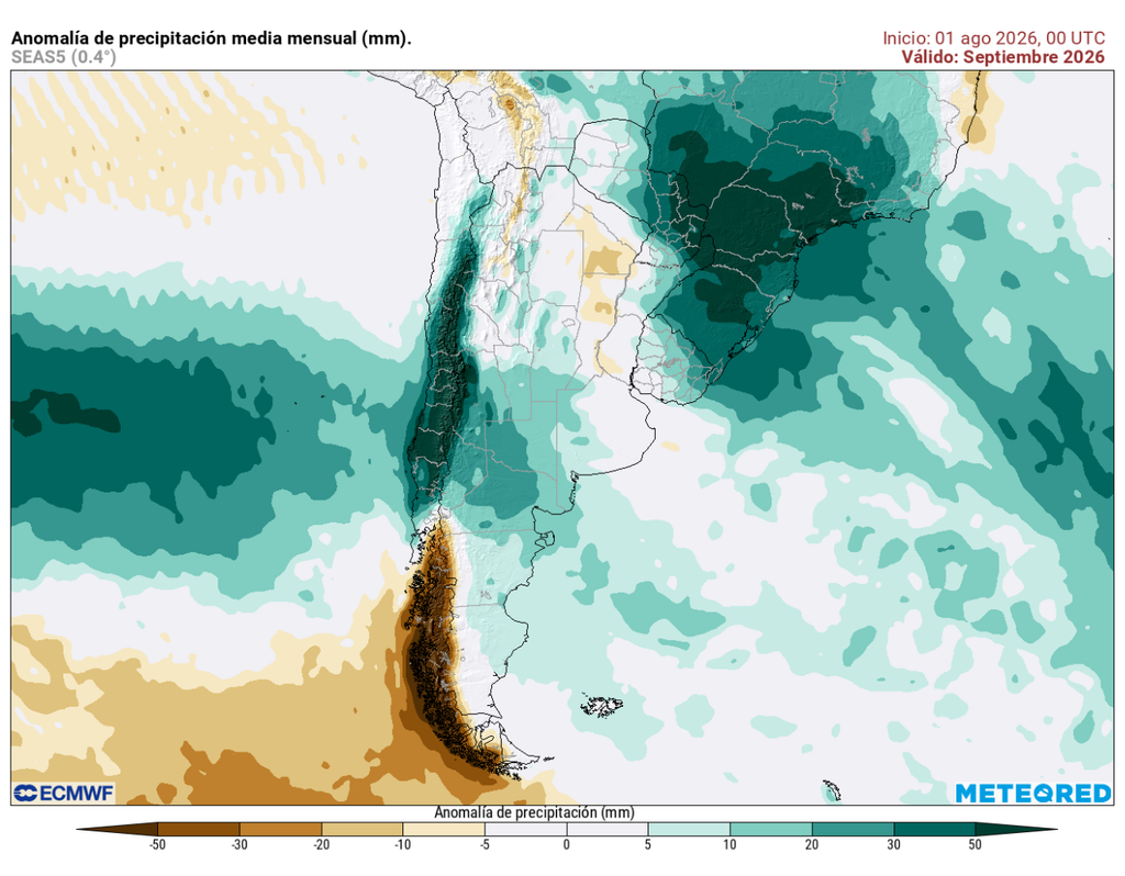 Para septiembre, el ECMWF mantiene una señal de precipitaciones sobre lo normal entre parte del norte chico y sur, mientras el extremo austral continúa mostrando anomalías negativas.
