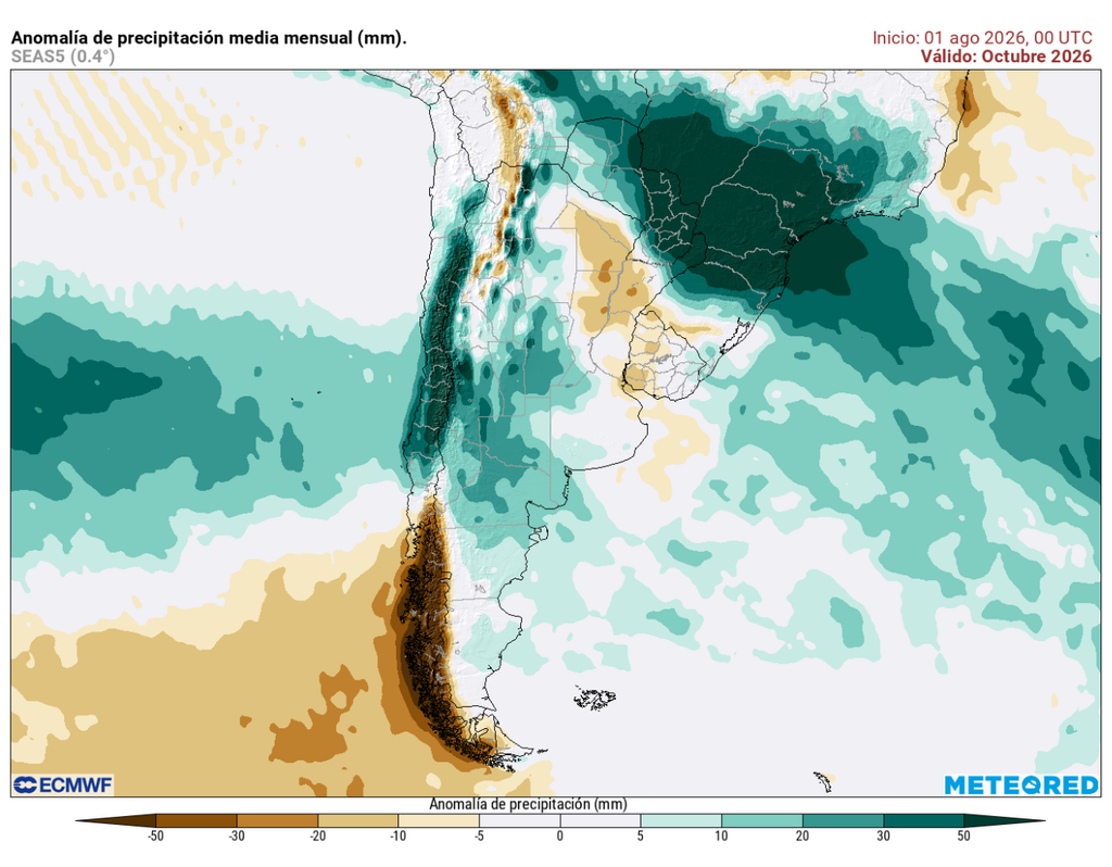El ECMWF proyecta para octubre precipitaciones sobre lo normal en parte del norte chico, gran parte de la zona central y sur, mientras la Patagonia mantendría una señal de déficit pluviométrico.