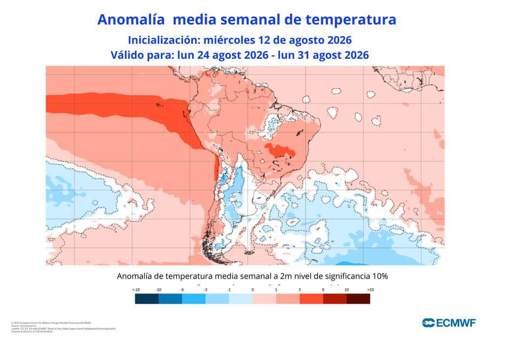 ECMWF La señal es clara: gran parte del país tendría temperaturas sobre el promedio en la última semana de agosto.