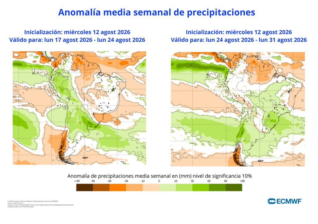 ECMWF Precipitaciones La última semana de agosto promete lluvias para Santiago, el modelo europeo muestra un escenario sobre el promedio histórico en la capital.