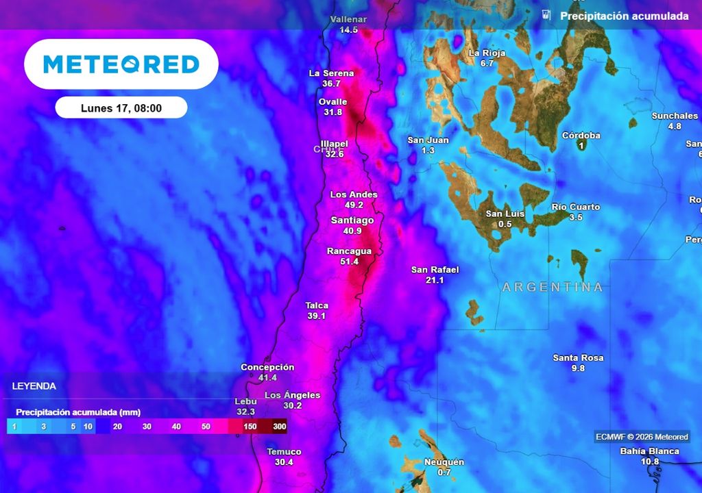 Precipitación acumulada Durante los próximos días volverían las lluvias a Santiago: modelo europeo prevé acumulados significativos.