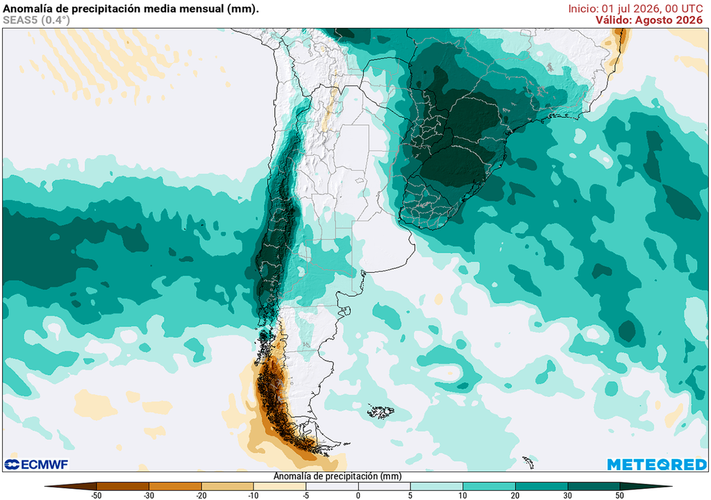 Pronóstico, Clima, Tiempo, Argentina, ECMWF, El Niño Anomalía de precipitaciones para el mes de agosto según nuestro modelo de referencia el ECMWF