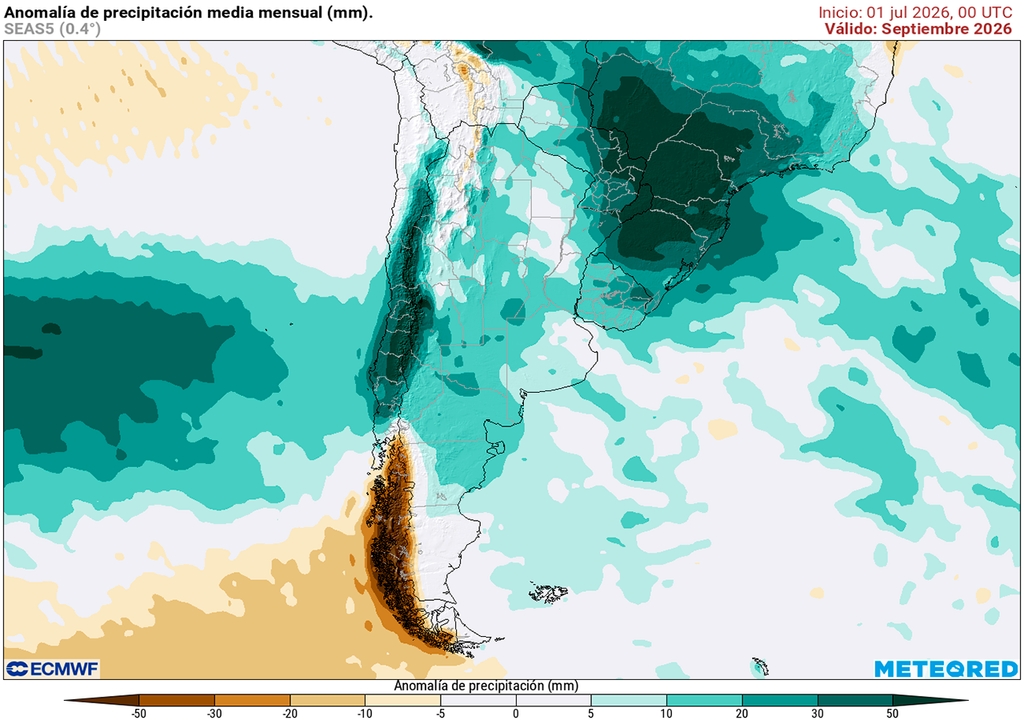 Pronóstico, Clima, Tiempo, Argentina, ECMWF, El Niño Anomalía de precipitaciones para el mes de septiembre según nuestro modelo de referencia el ECMWF