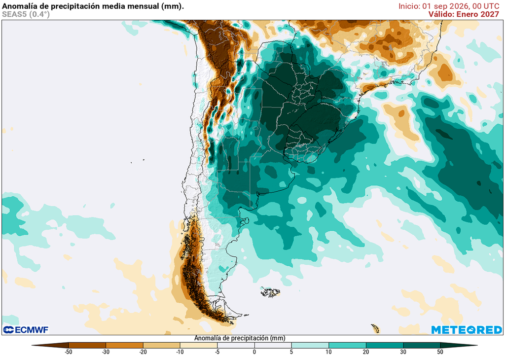 Pronóstico, Clima, Tiempo, Argentina Anomalía de precipitaciones para el mes de enero según nuestro modelo de referencia el ECMWF