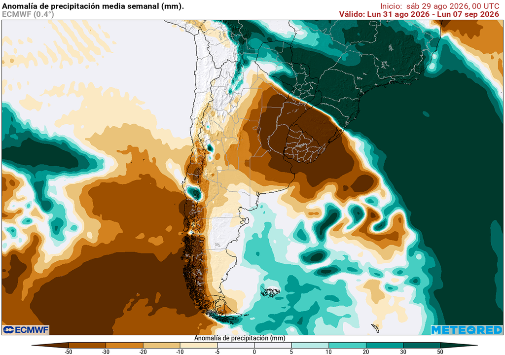 Pronóstico, Clima, Tiempo, Argentina Anomalía de precipitaciones prevista para los próximos 7 días según el modelo ECMWF