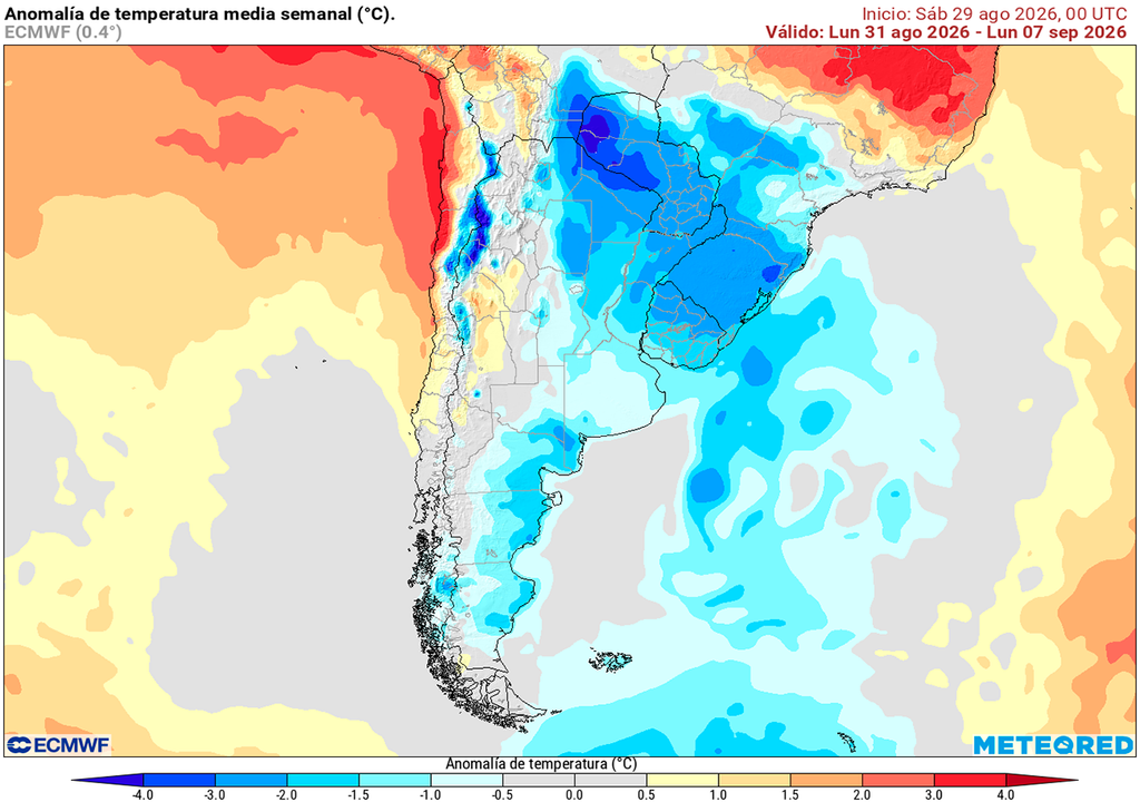 Pronóstico, Clima, Tiempo, Argentina Anomalía de temperatura prevista para los próximos 7 días según el modelo ECMWF