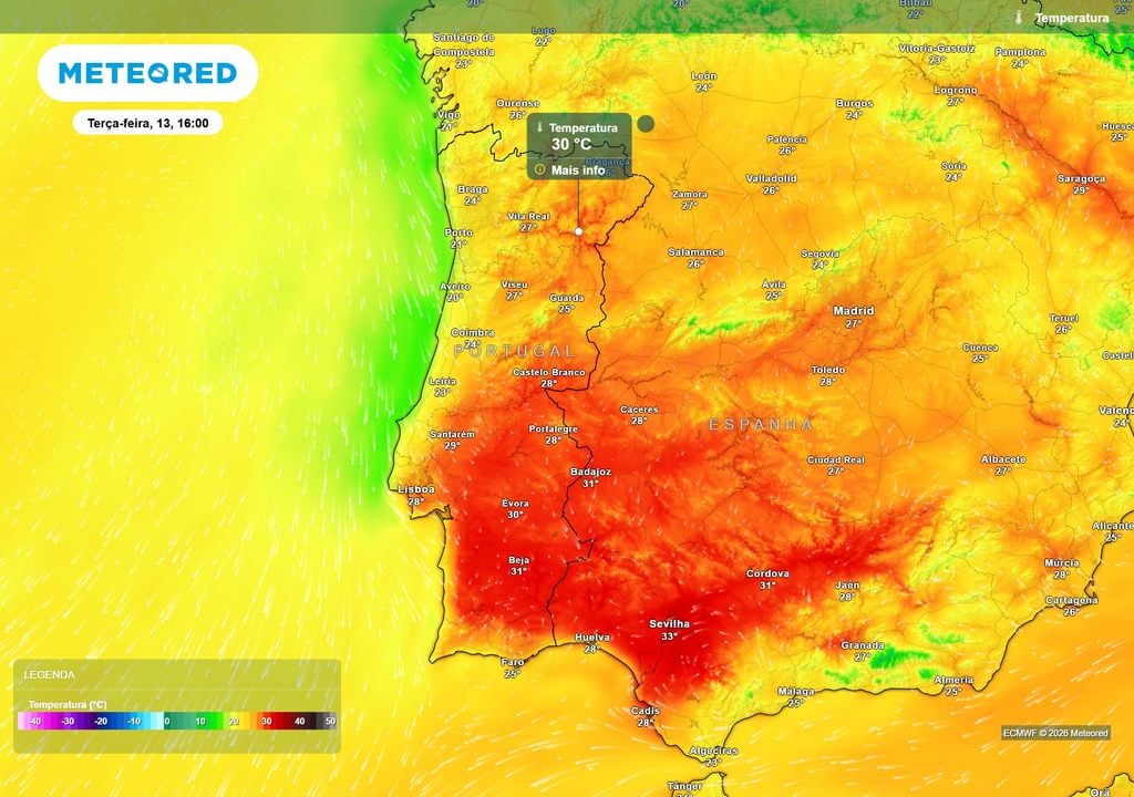 temperatura do ar à superfície Apesar de o Alentejo poder ser a região mais quente do país nos próximos dias, o Vale do Douro poderá experienciar valores de 30 ºC, registando, assim, uma anomalia térmica positiva de cerca de 8 ºC.