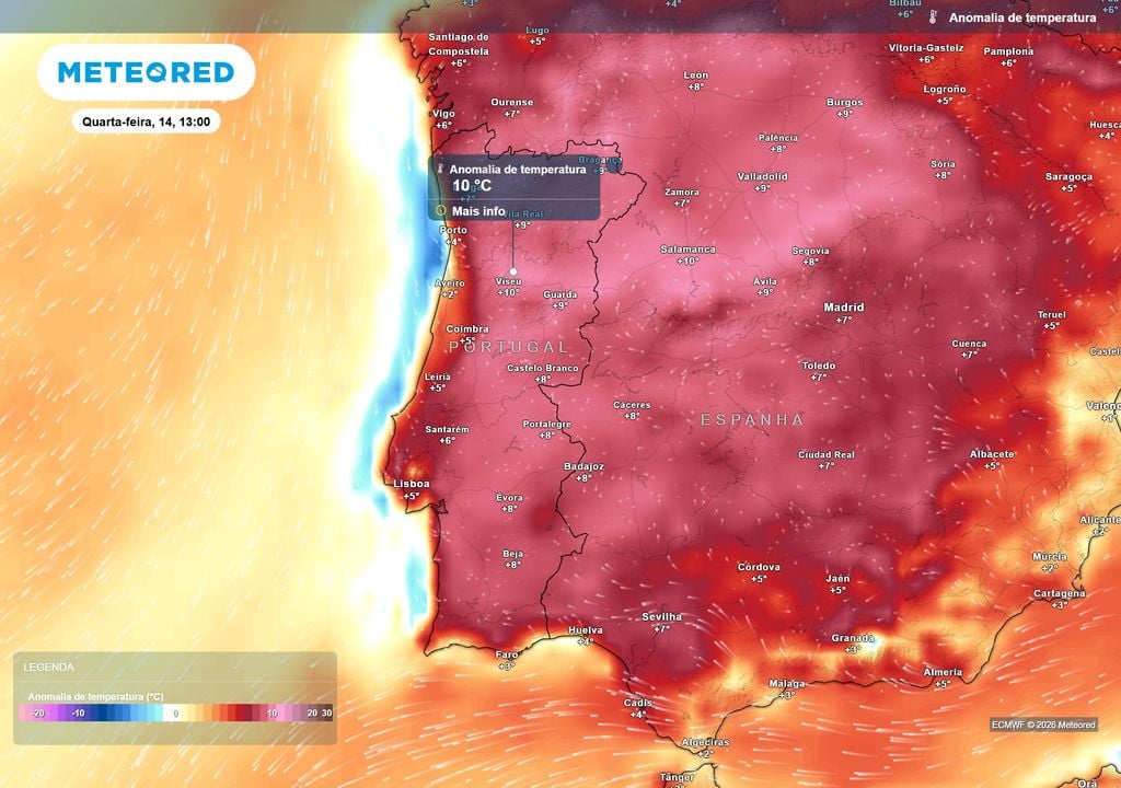 anomalia térmica Estes são os valores esperados para a próxima quarta-feira, dia 14, de anomalias térmicas positivas, ou valores acima da média. Para este dia, as temperaturas esperadas poderão ser de até 10 ºC acima da média.