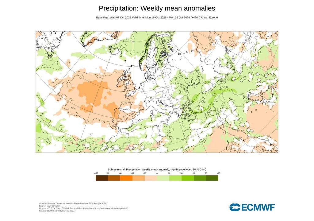 Apesar da mudança dos regimes atmosféricos, o ECMWF mantém um sinal de precipitação abaixo da média em Portugal entre 19 e 26 de outubro, prolongando a tendência de tempo mais seco.