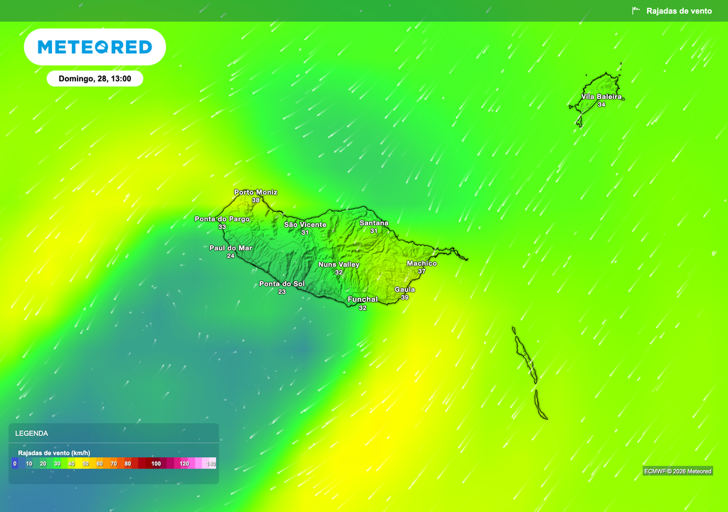 O vento deverá soprar moderado de norte, com rajadas entre 30 e 40 km/h nas zonas mais expostas da Madeira, em especial no litoral norte e nas terras altas, durante a tarde de domingo.