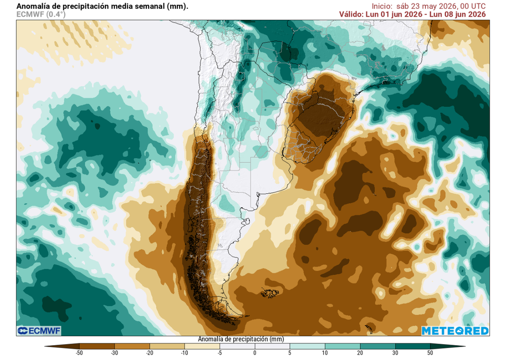 Primera semana de junio con lluvia en el norte de Chile, pronóstico de Meteored y ECMWF Anomalía de precipitación (mm) para la semana del 01 de junio 2026. Sobre los valores climatológicos normales (tonos verde), bajo los valores climatológicos normales (tonos marrón) y en torno a los valores climatológicos normales (color blanco).