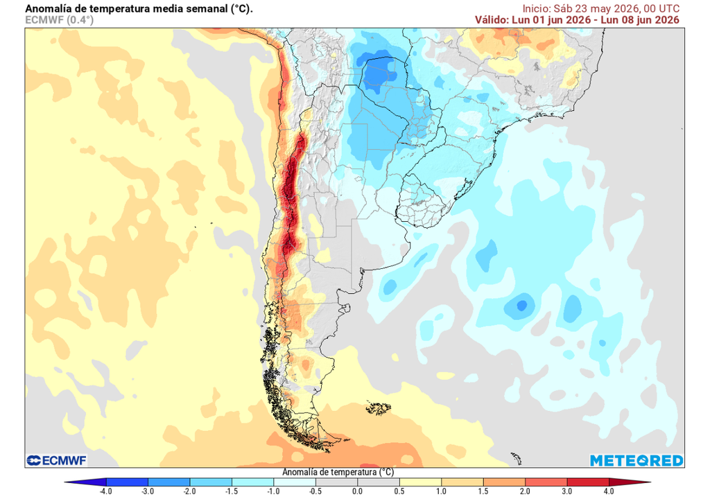 Calor inusual durante la primera mitad de junio 2026 en Chile Anomalía de temperatura (°C) para la semana del 01 de junio 2026. Sobre los valores climatológicos normales (tonos rojo), bajo los valores climatológicos normales (tonos azul) y en torno a los valores climatológicos normales (color gris).