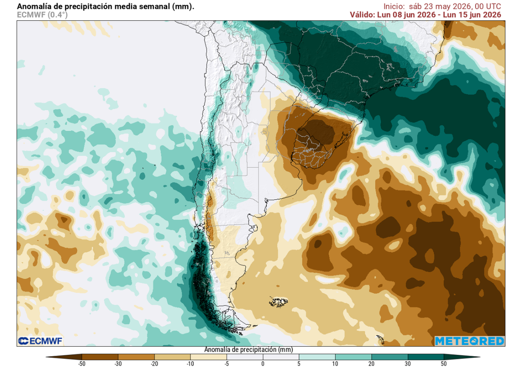Lluvia para la primera mitad de junio en Chile Anomalía de precipitación (mm) para la semana del 08 de junio 2026. Sobre los valores climatológicos normales (tonos verde), bajo los valores climatológicos normales (tonos marrón) y en torno a los valores climatológicos normales (color blanco).