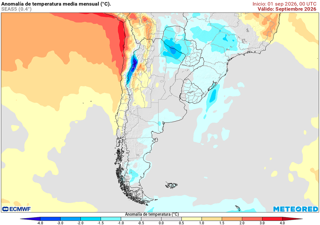 Pronóstico, Clima, Tiempo, Argentina, SMN, ECMWF, Niño Anomalía de temperatura prevista para el mes de septiembre según el modelo ECMWF