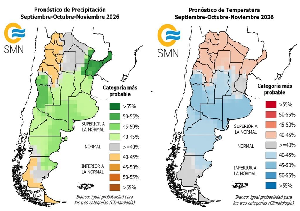 Pronóstico, Clima, Tiempo, Argentina, SMN, ECMWF, Niño Pronóstico trimestral de categorías del SMN para el trimestre septiembre, octubre y noviembre