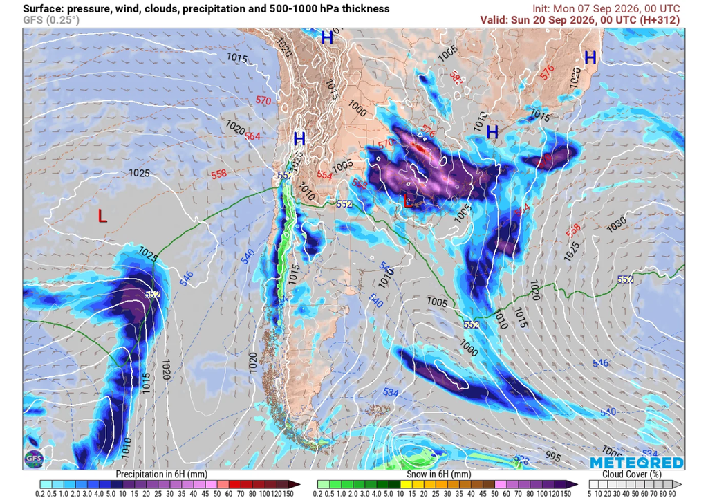 Precipitación (mm) para la noche del sábado 19 de septiembre en Chile.