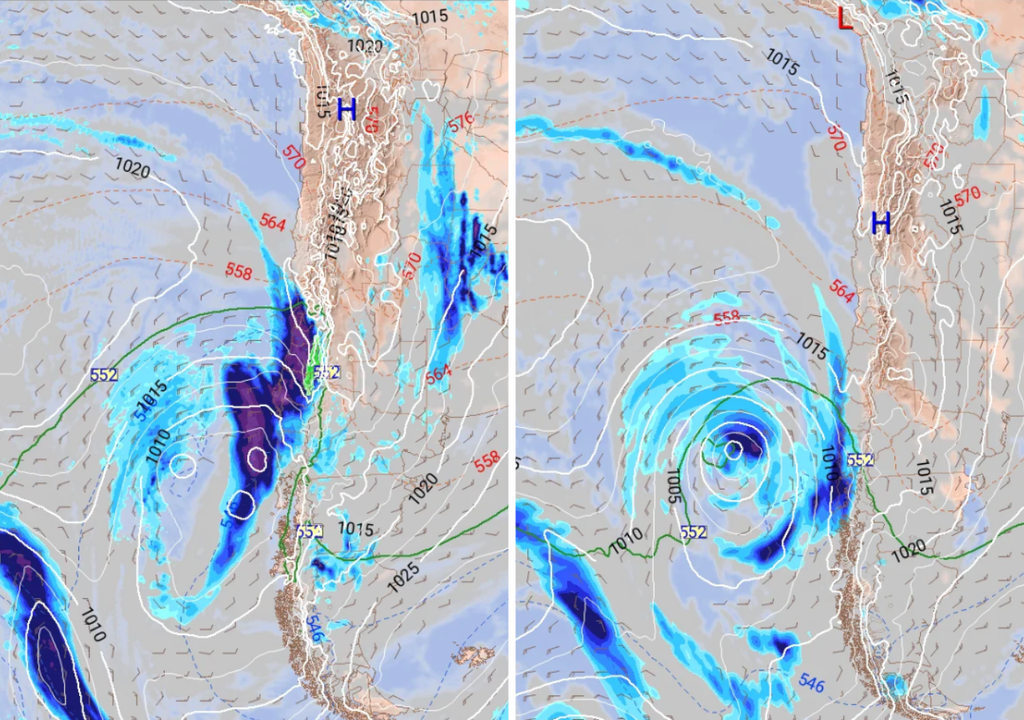Baja segregada dejará precipitaciones en Chile centro-sur la próxima semana Precipitación (mm) para la tarde del miércoles (27). Proyección del ECMWF (izquierda) y el GFS (derecha).