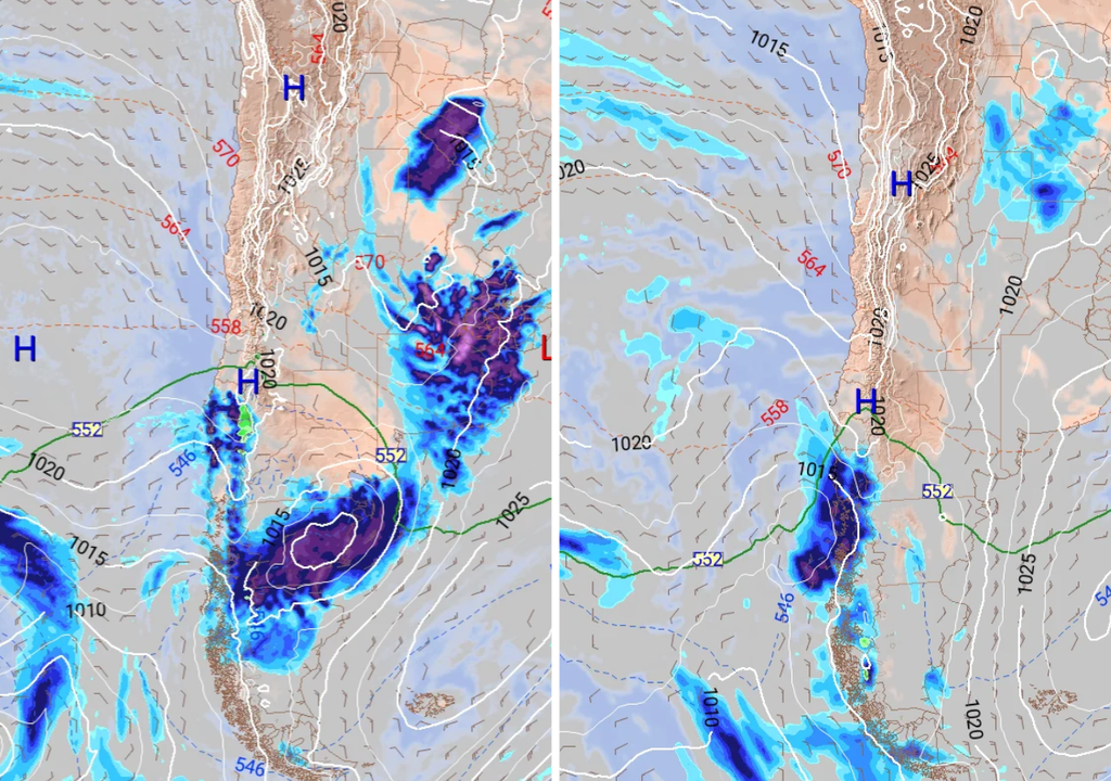 Baja segregada dejará precipitaciones en Chile centro-sur la próxima semana Precipitación (mm) para la mañana del jueves (28). Proyección del ECMWF (izquierda) y el GFS (derecha).