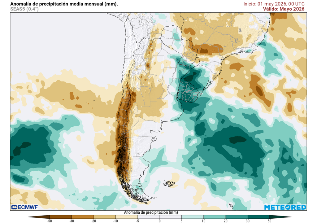 Una gran mancha de valores por debajo del promedio es el saldo previsto de lluvias para Chile continental.