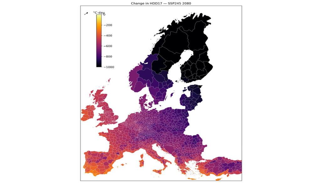 Cambio proyectado en los grados-día de calefacción (HDD17) en Europa para 2080 según el escenario RCP4.5. Los valores negativos indican una menor demanda de calefacción, con las mayores disminuciones proyectadas para el norte de Europa y las menores para las regiones mediterráneas. Crédito: Thomas Thiis/NMBU