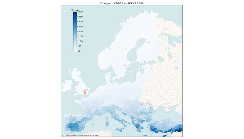 Aumento previsto de la demanda de refrigeración en Europa para 2080 según el escenario RCP4.5. Los mayores incrementos se prevén para el sur de Europa y el Mediterráneo, mientras que los marcadores rojos resaltan las regiones donde se espera que surjan necesidades de refrigeración para finales de siglo. Crédito: Thomas Thiis/NMBU