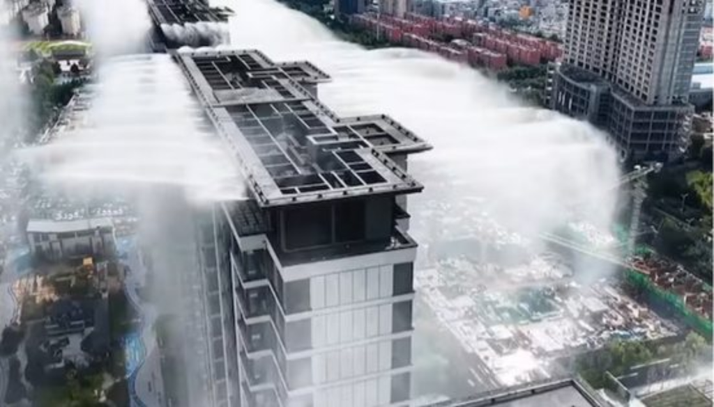 Chuva artificial Um sistema de chuva artificial utiliza milhões de gotículas de água que evaporam rapidamente, ajudando a reduzir a temperatura e a tornar os espaços urbanos mais frescos.